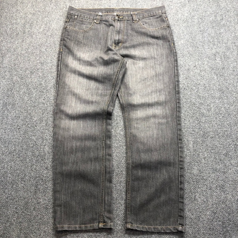 Y2K Mens Faded Black Straight Leg Denim Jeans 36x30 Cotton Blend Casual Pants